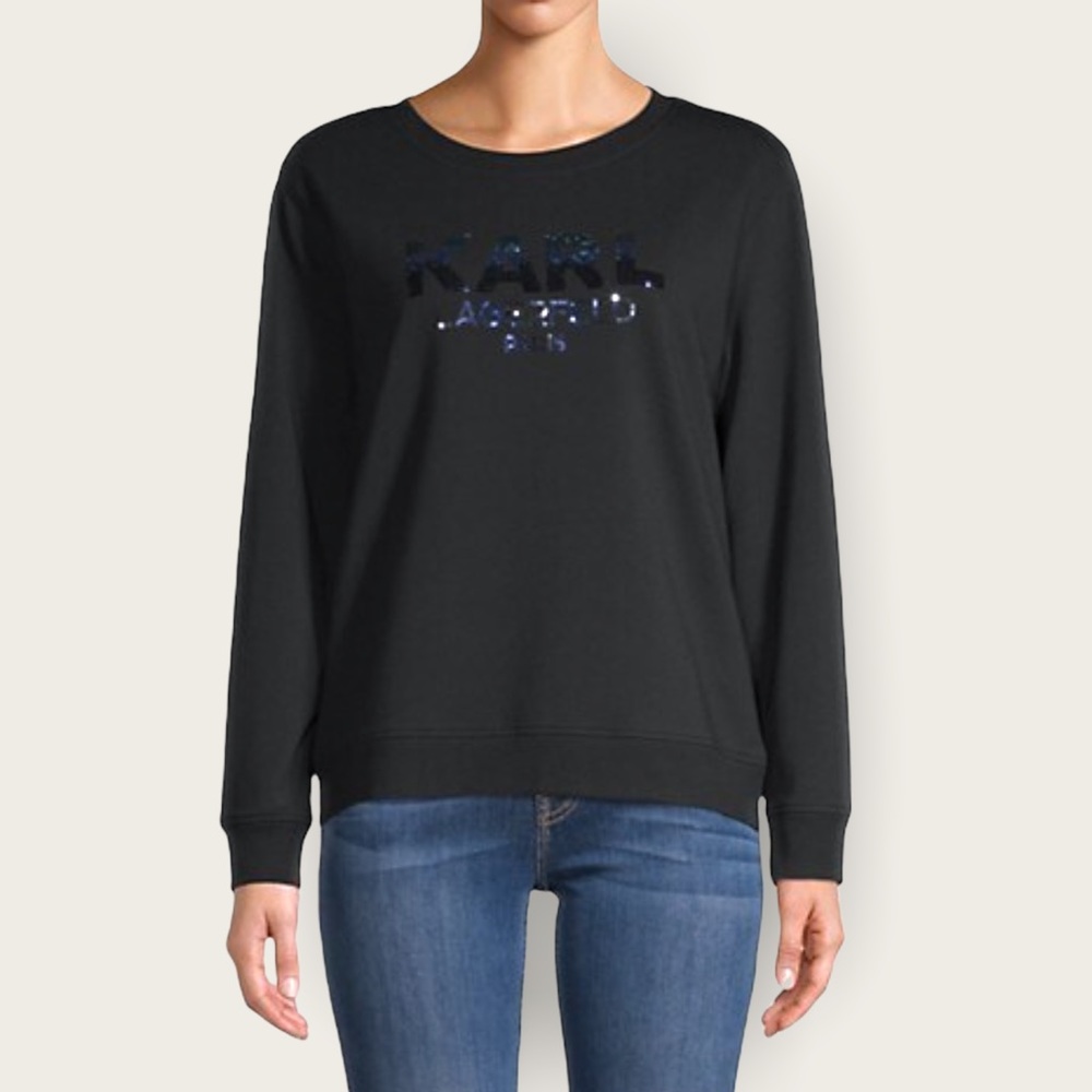 Karl Lagerfeld Paris (S) Embellished Logo Cotton-Blend Sweatshirt in Black GUC